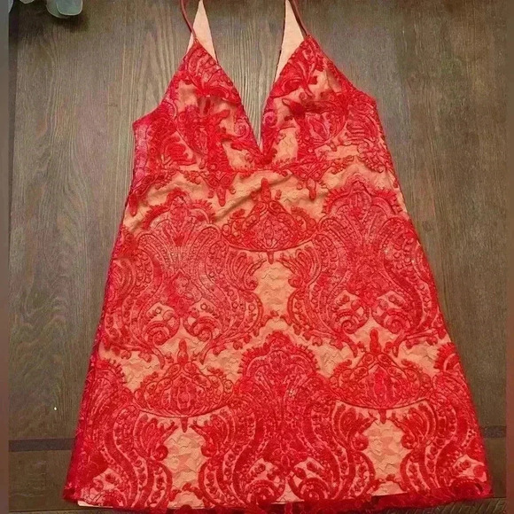 Free People Night Shimmers Lace Sequined Sleeveless V-Neck Mini Dress Size 8 - Picture 2 of 8